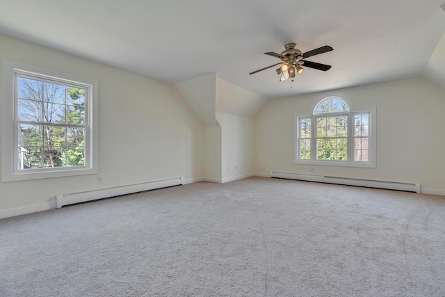 additional living space with a baseboard heating unit, carpet flooring, a ceiling fan, vaulted ceiling, and a baseboard radiator
