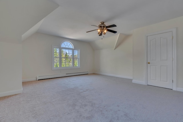 bonus room featuring ceiling fan, baseboard heating, lofted ceiling, and carpet floors