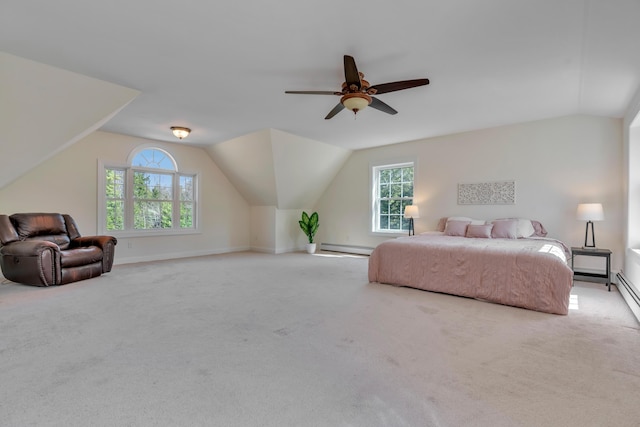 carpeted bedroom with vaulted ceiling, a ceiling fan, a baseboard heating unit, and baseboards