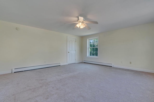carpeted empty room featuring a baseboard radiator, ceiling fan, and baseboards