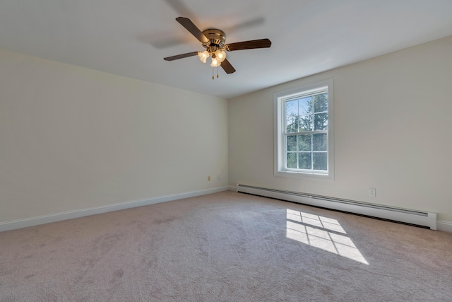 unfurnished room featuring baseboards, a ceiling fan, carpet flooring, and a baseboard radiator