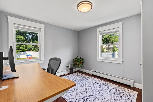 home office with a baseboard heating unit, baseboards, and a healthy amount of sunlight