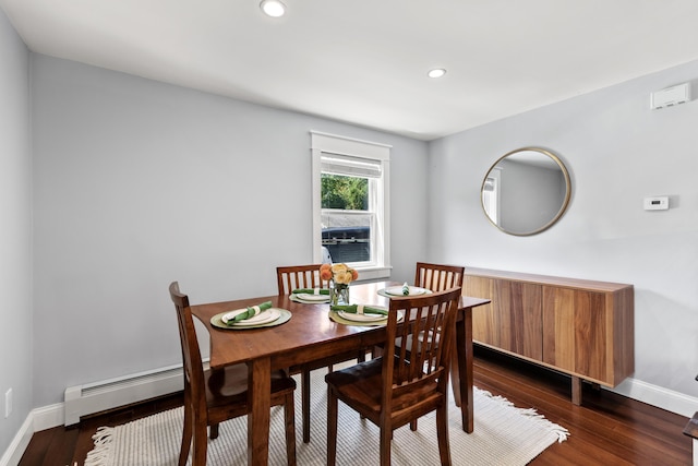 dining area featuring baseboards, recessed lighting, a baseboard heating unit, and dark wood-style floors