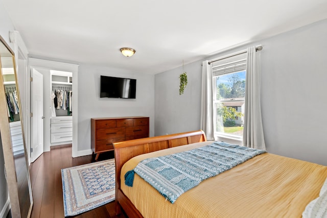 bedroom with dark wood-style flooring, a spacious closet, baseboards, and a closet