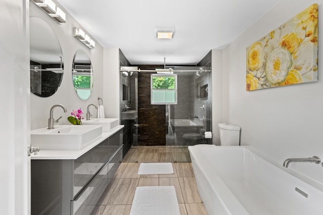 full bath featuring double vanity, toilet, a shower stall, and a sink