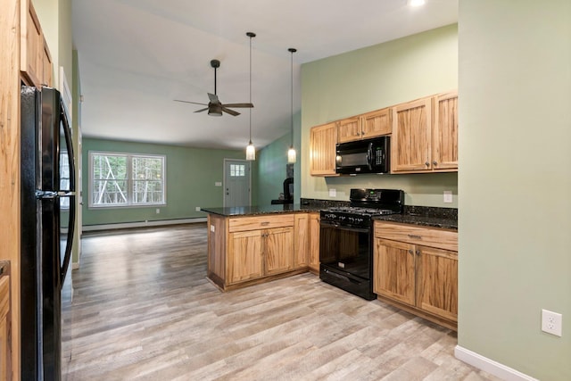kitchen featuring a baseboard radiator, light wood-style floors, black appliances, ceiling fan, and a peninsula
