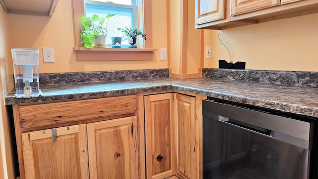 room details featuring dark countertops and dishwashing machine