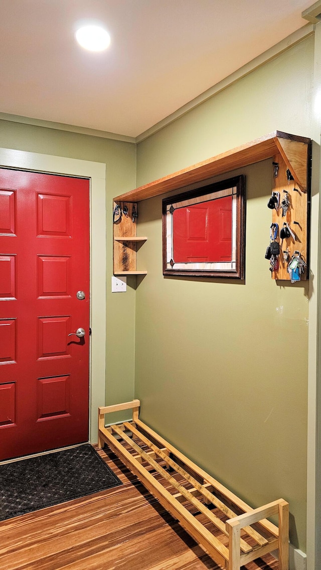 mudroom with wood finished floors
