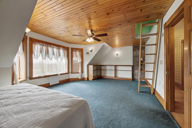 carpeted bedroom featuring wooden ceiling, radiator, and baseboards