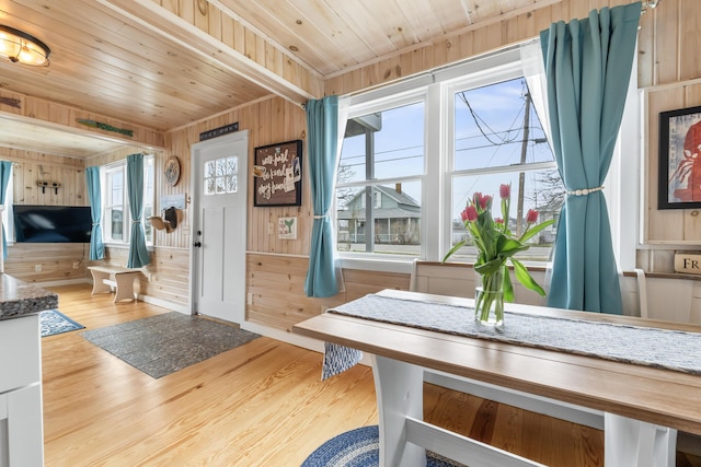 interior space with wood walls, wood finished floors, and wooden ceiling