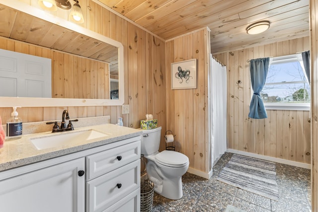 full bath featuring wooden ceiling, toilet, wooden walls, and vanity
