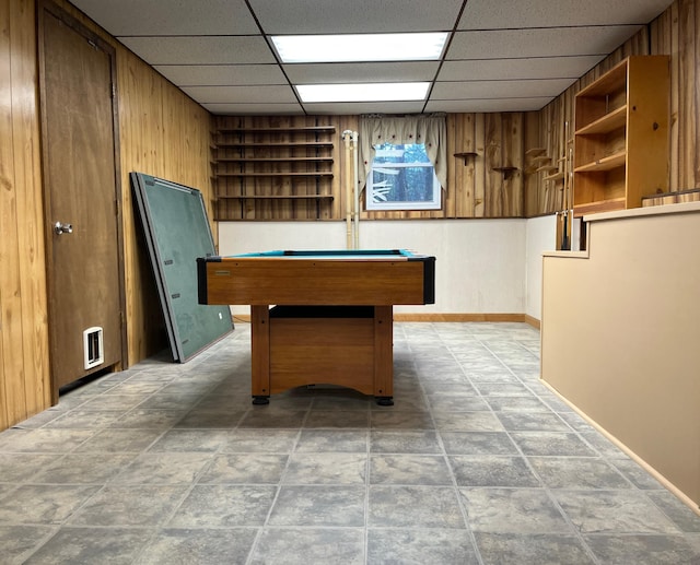 6 Northwood Cir, Hollis, ME 04042 - recreation room with baseboards, wood walls, billiards, and a paneled ceiling