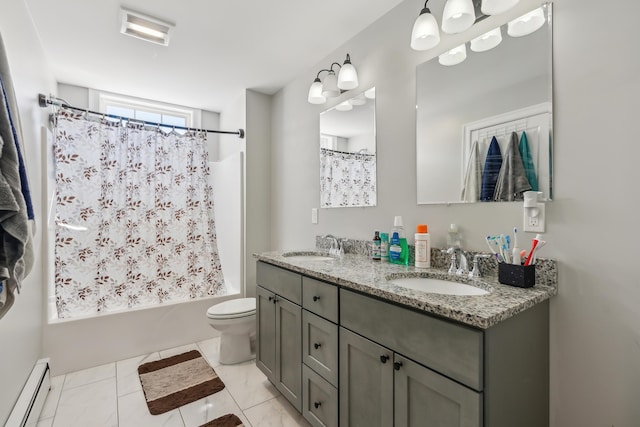 bathroom featuring double vanity, a sink, shower / bath combination with curtain, toilet, and a baseboard radiator