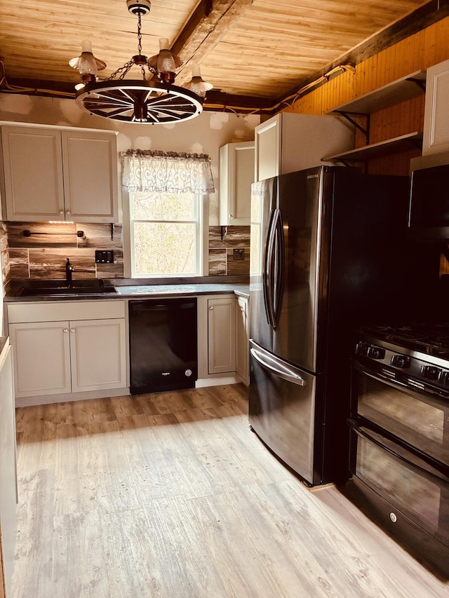 kitchen featuring dishwasher, a sink, wooden ceiling, a notable chandelier, and light wood-style floors