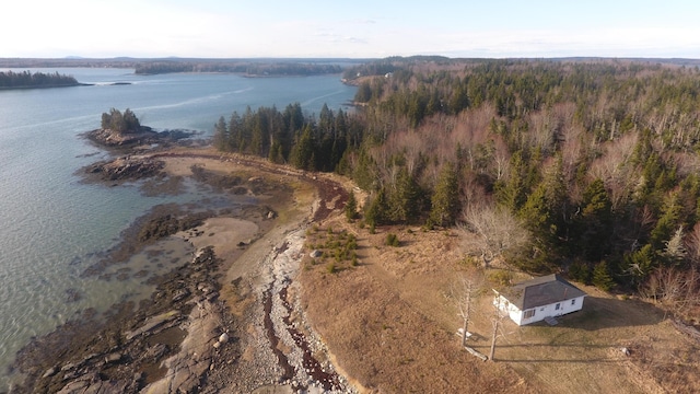 aerial view featuring a water view and a view of trees