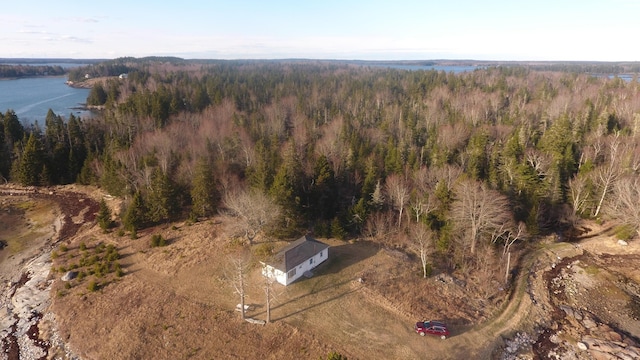 drone / aerial view with a wooded view and a water view