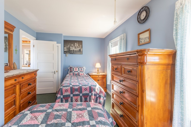 bedroom with dark carpet