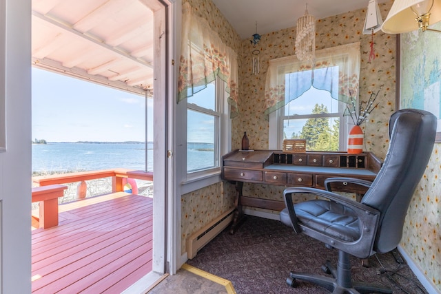 office area featuring baseboard heating, wallpapered walls, and a water view