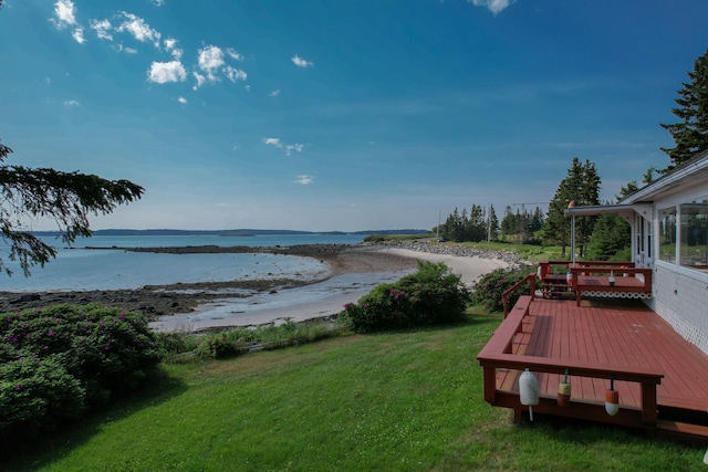 397 Cape Split Rd, Addison, ME 04606 - view of grassy yard with a deck with water view and a beach view
