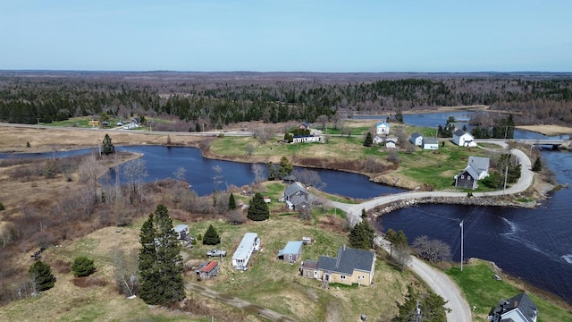 aerial view featuring a water view and a view of trees
