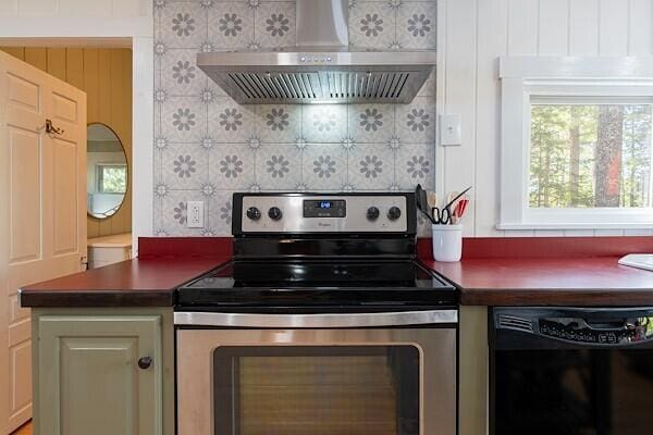 kitchen with stainless steel range with electric cooktop, dark countertops, wall chimney exhaust hood, and dishwasher