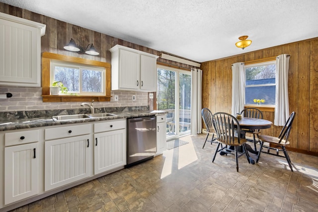135 Williams Rd, Newport, ME 04953 - kitchen featuring a healthy amount of sunlight, wood walls, and stainless steel dishwasher
