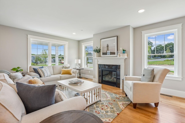 living area featuring a glass covered fireplace, visible vents, light wood-type flooring, and baseboards