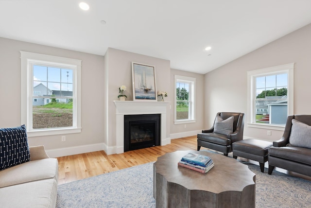 living area with wood finished floors, a healthy amount of sunlight, lofted ceiling, and a glass covered fireplace