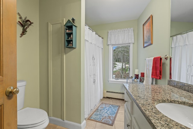 bathroom featuring a shower with curtain, baseboard heating, toilet, tile patterned floors, and vanity