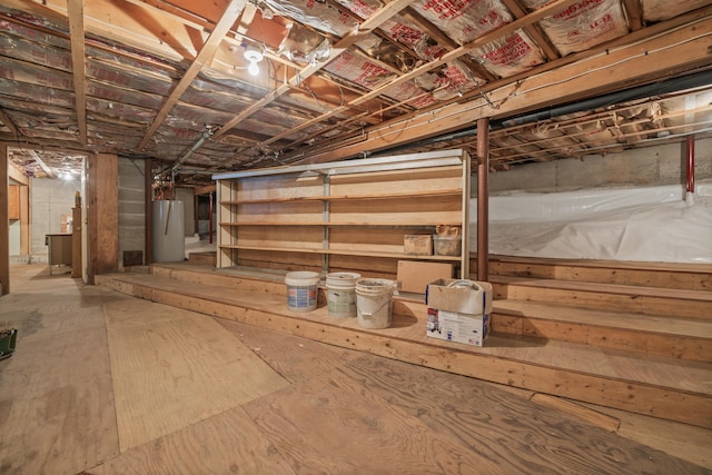 unfinished basement featuring water heater
