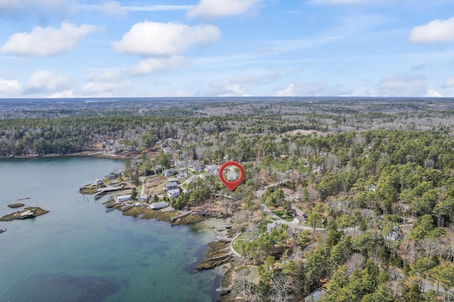 aerial view featuring a water view and a wooded view