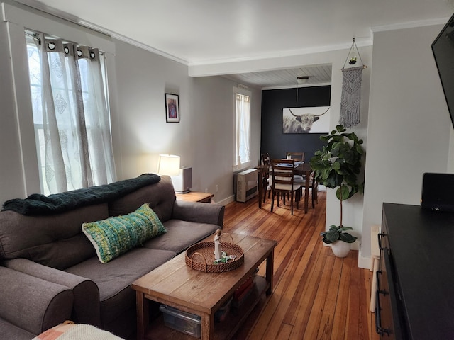 217 Washington Rd, Jefferson, ME 04348 - living room with wood-type flooring, baseboards, heating unit, and crown molding
