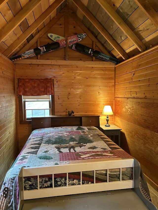bedroom with vaulted ceiling with beams, wooden walls, and wooden ceiling