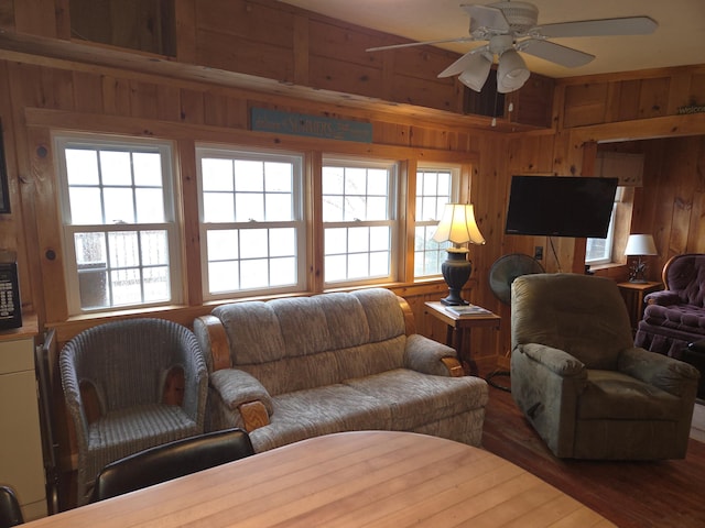living room with plenty of natural light and wood walls
