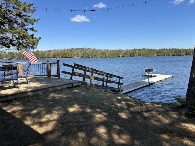 view of dock featuring a water view and a forest view