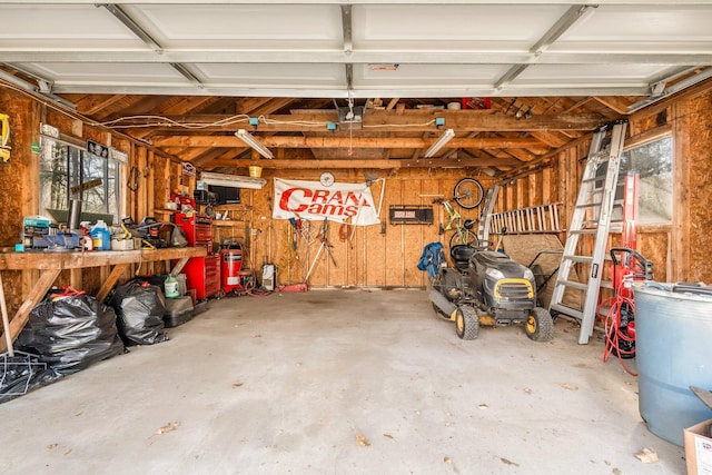 garage with wood walls