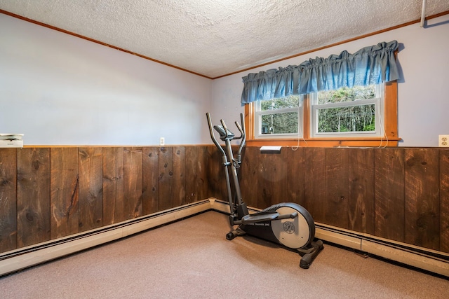 exercise room with crown molding, wainscoting, a baseboard radiator, carpet flooring, and wooden walls