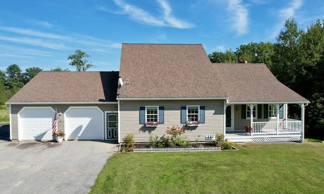 cape cod home featuring a garage, covered porch, aphalt driveway, and a front yard