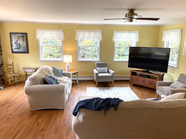 living room with a baseboard radiator, wood finished floors, ceiling fan, and ornamental molding
