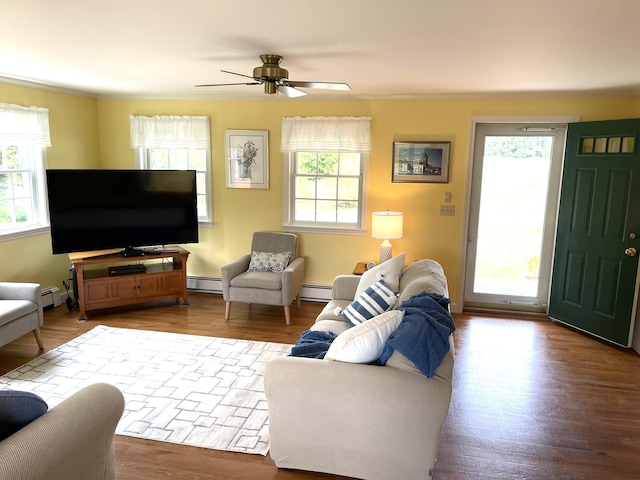 living room featuring ornamental molding, a ceiling fan, wood finished floors, and a baseboard radiator