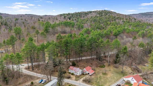 drone / aerial view with a mountain view and a wooded view
