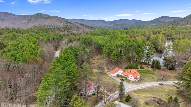 birds eye view of property with a water and mountain view and a view of trees