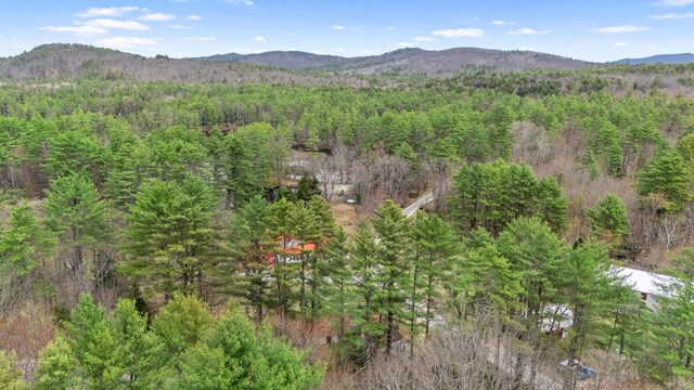 aerial view featuring a mountain view and a view of trees
