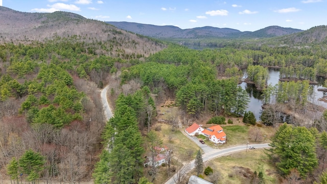bird's eye view featuring a water and mountain view and a forest view