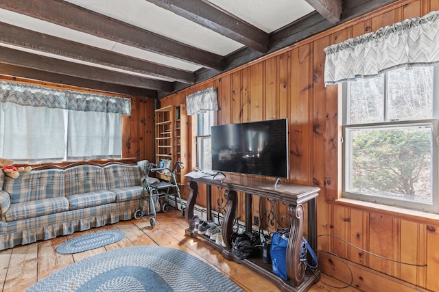 living area with wood walls, wood finished floors, and beam ceiling