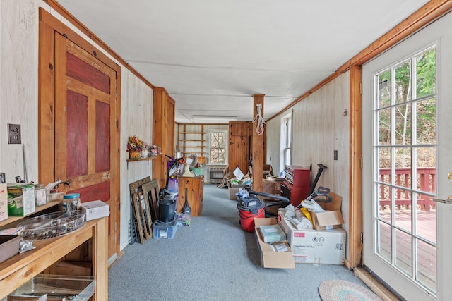 interior space featuring wooden walls and carpet flooring