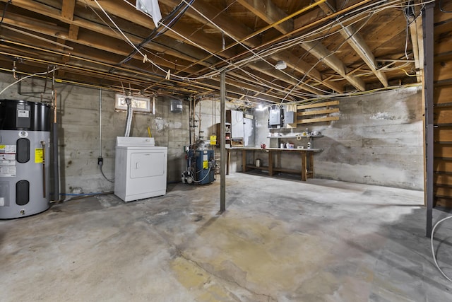 17 US Route 1, Falmouth, ME 04105 - below grade area featuring washer / dryer, heat pump water heater, a heating unit, a workshop area, and electric panel