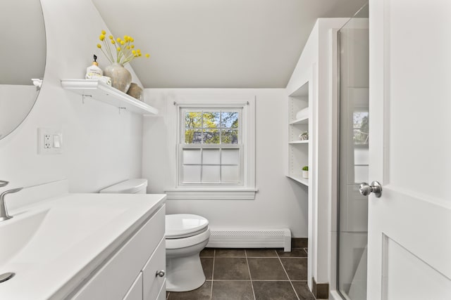 17 US Route 1, Falmouth, ME 04105 - full bath featuring a baseboard radiator, toilet, vanity, a stall shower, and vaulted ceiling