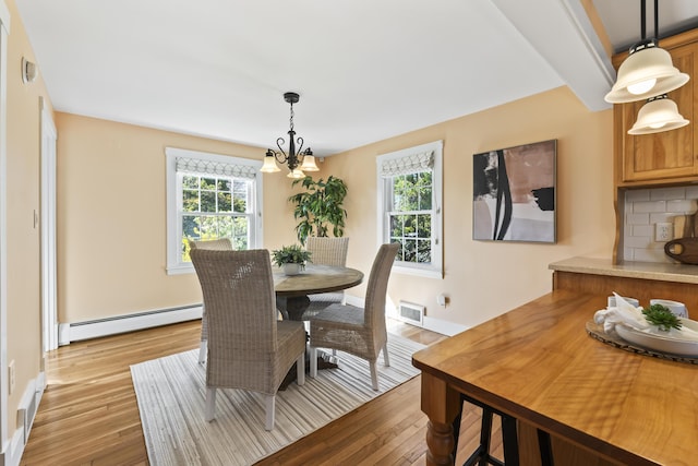 17 US Route 1, Falmouth, ME 04105 - dining space featuring a baseboard radiator, light wood-style flooring, plenty of natural light, and a chandelier