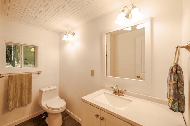 bathroom with toilet, wood finished floors, vanity, wood ceiling, and baseboards